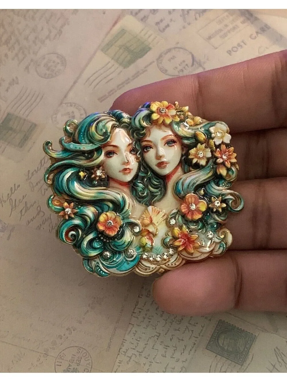 Hand-Painted Double Goddess Floral Enamel Pin Brooch